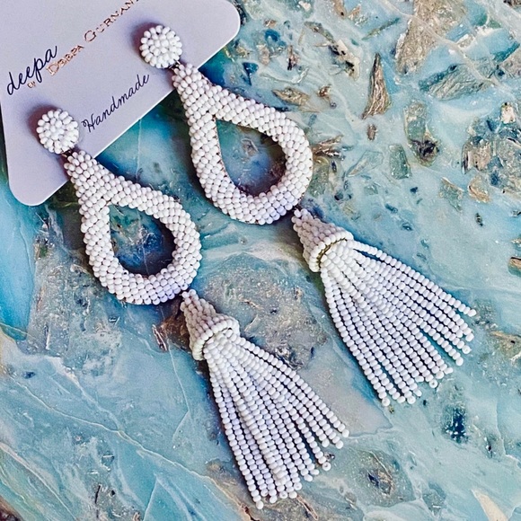 NWT Anthropologie Deepa Beaded White Hoop Chandeliers - Picture 2 of 15